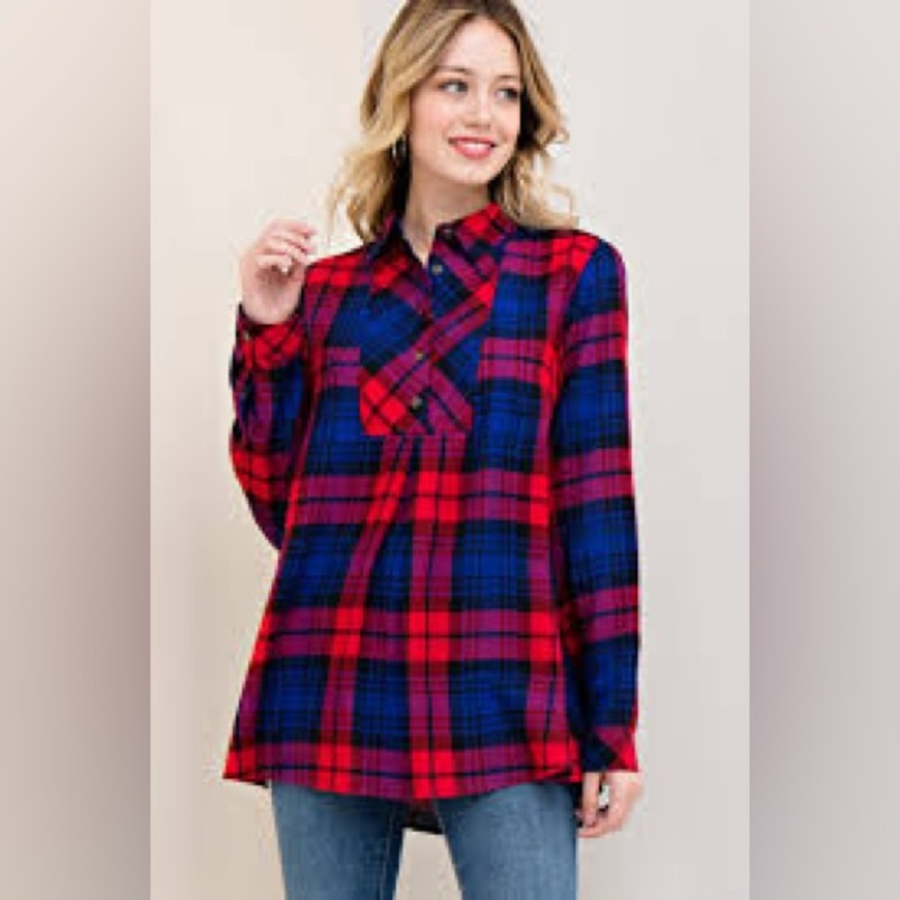 Entro Blue and Red Plaid Peplum Blouse- Large - Picture 1 of 4